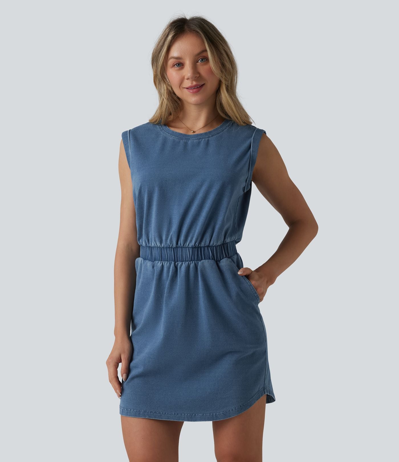 Robe mini casual en denim Halara Flex™ col rond sans manches ourlet arrondi avec poches