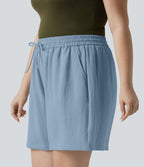 Short casual aspect lin grande taille taille haute avec cordon de serrage et poches