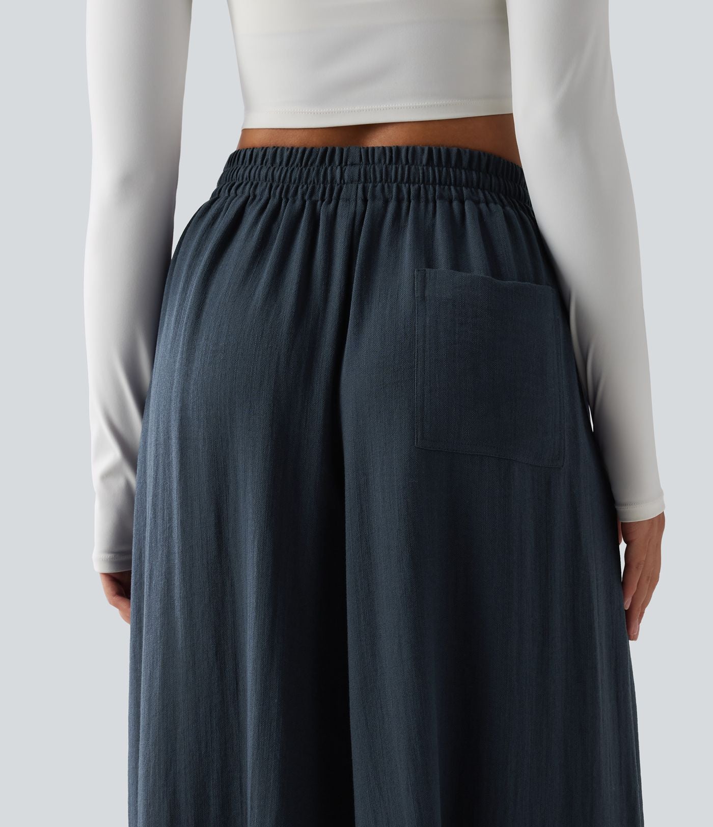 Pantalon large fluide décontracté taille haute avec cordon de serrage intérieur avec poches