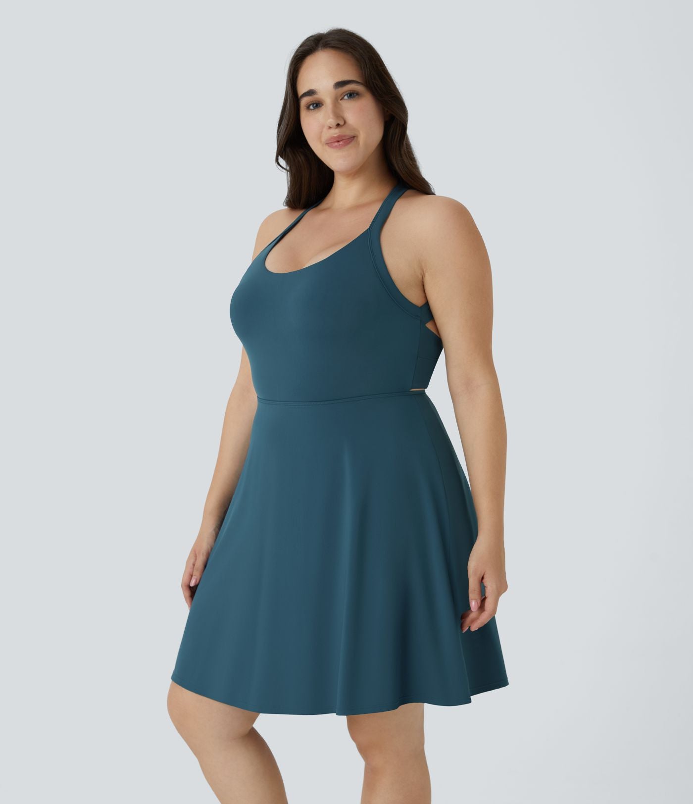 Robe Danse Barre Ballet Grande Taille 2 en 1 Col en U Dos Nu avec Découpe Torsadée et Poches Latérales - Plus Longue