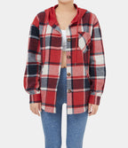 Veste de Casual à Carreaux en Polaire à Capuche avec Cordon de Serrage Boutons et Poches Latérales