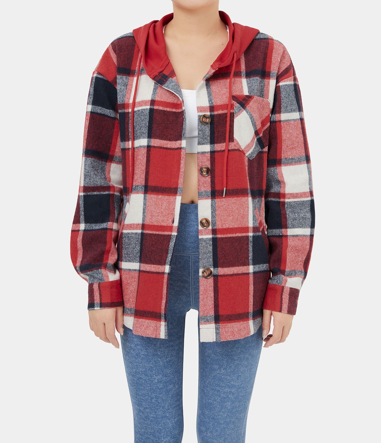 Veste de Casual à Carreaux en Polaire à Capuche avec Cordon de Serrage Boutons et Poches Latérales
