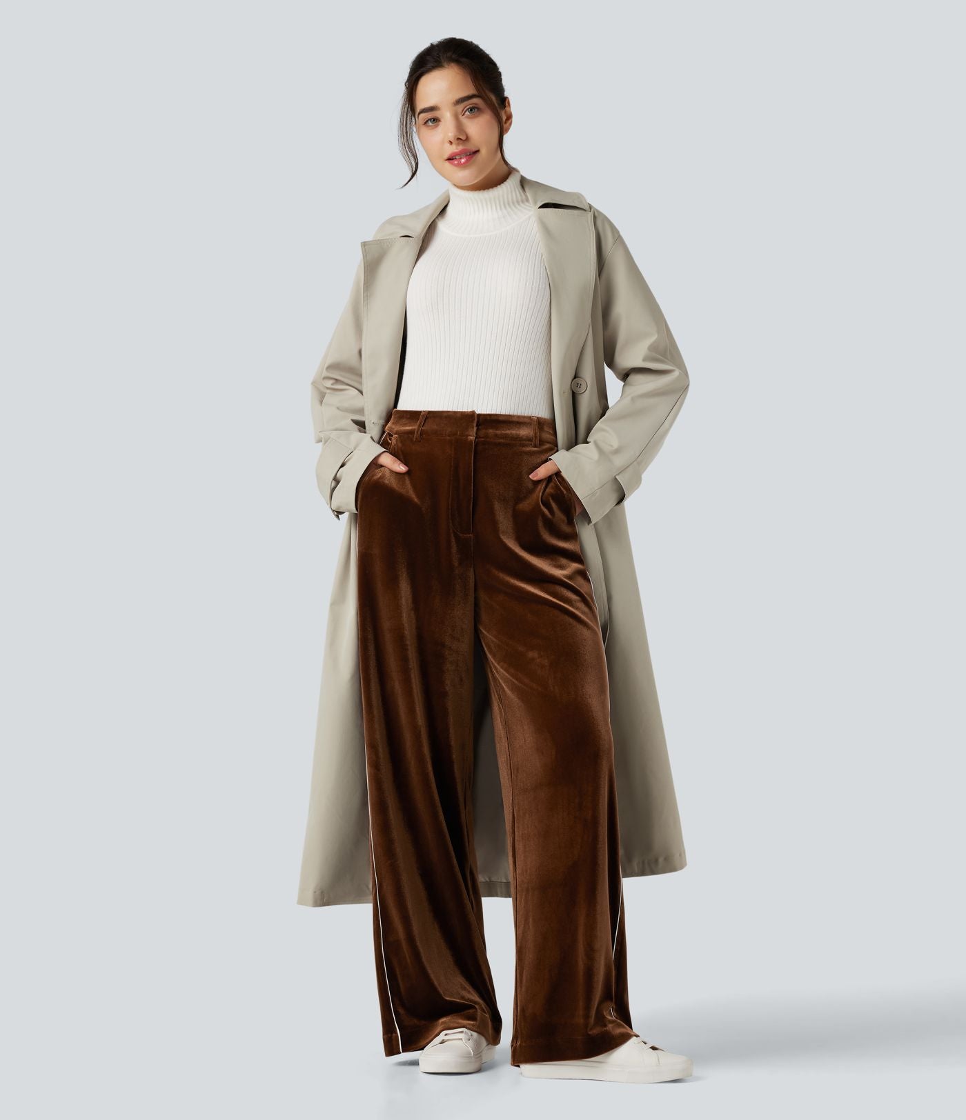 Pantalon velours color block coupe droite taille haute avec poches