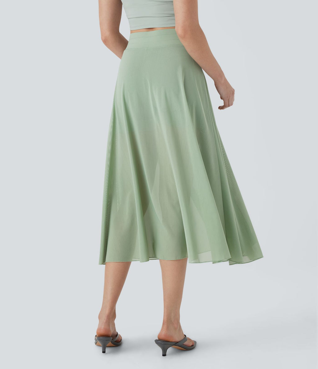 Jupe Casual Évasée Mesh Mi-Longue Fuide 2 en 1 Contrastée Taille Haute Cordon Poche Latérale