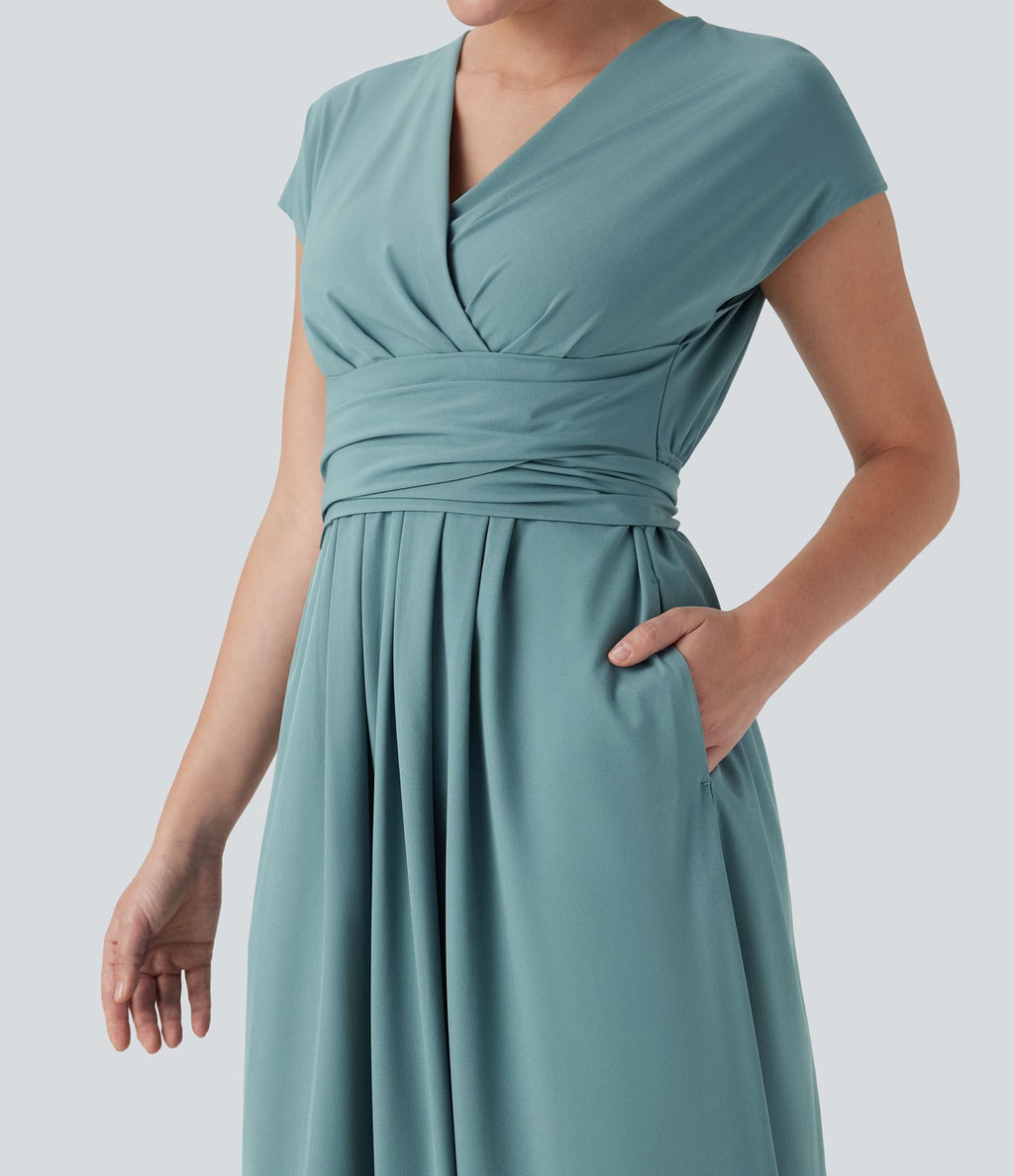 Robe midi Breezeful™ col V manches courtes à liens dans le dos séchage rapide avec poches latérales