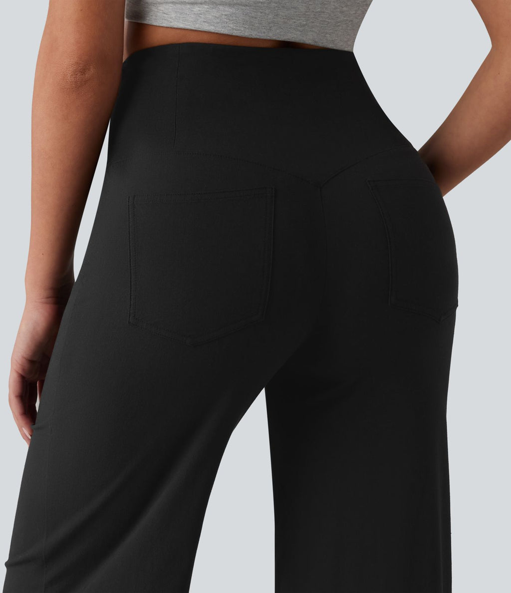 Pantalon large casual en lin stretch taille haute ventre plat avec poches