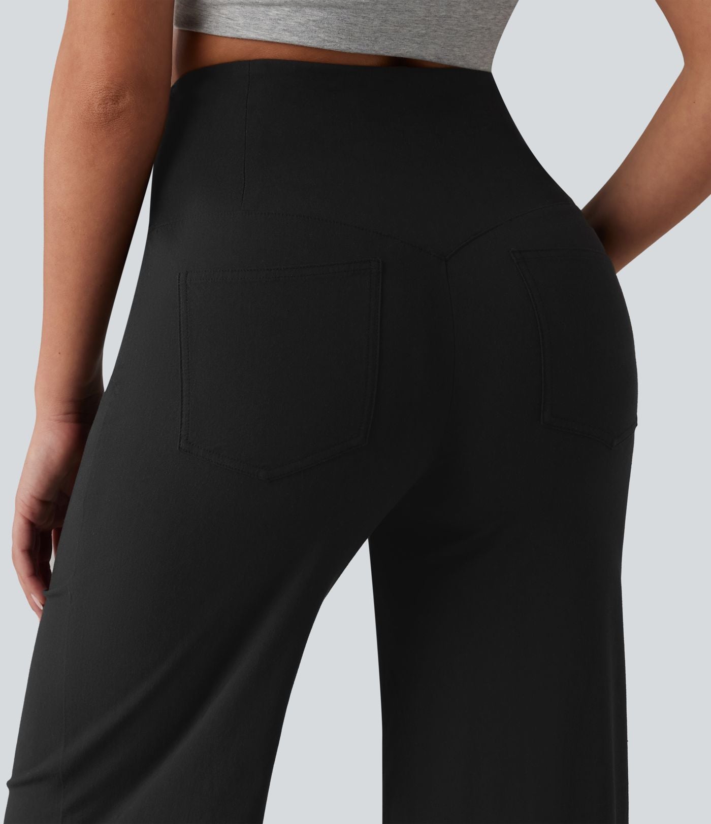 Pantalon large casual en lin stretch taille haute ventre plat avec poches