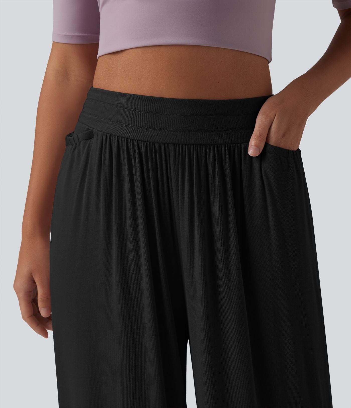 Pantalon ample décontracté côtelé taille haute ventre plat avec poches