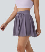 Jupe Casual Évasée Fluide 2 en 1 en Maille Contrastée Taille Haute Cordon de Serrage Poche Latérale