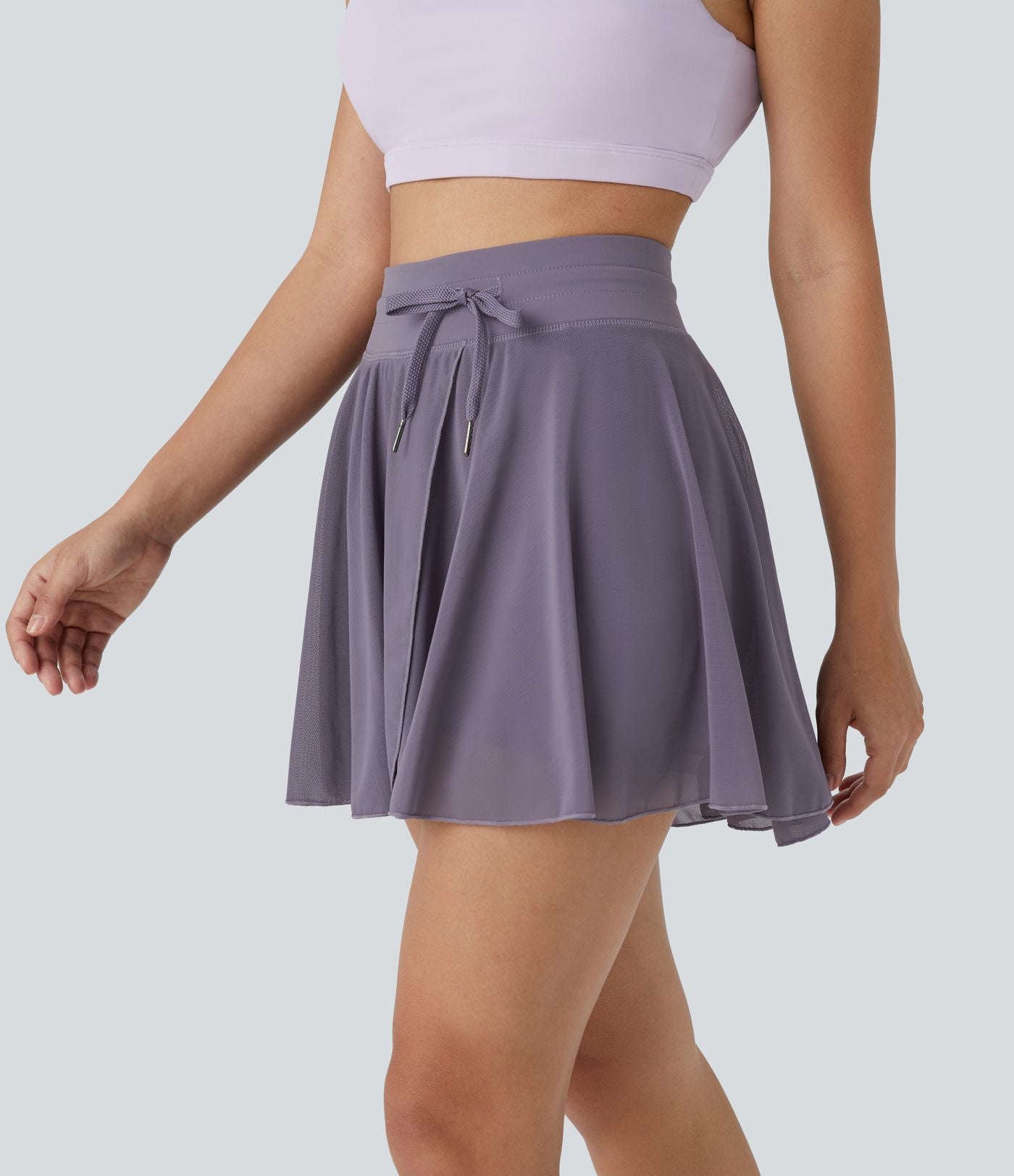 Jupe Casual Évasée Fluide 2 en 1 en Maille Contrastée Taille Haute Cordon de Serrage Poche Latérale