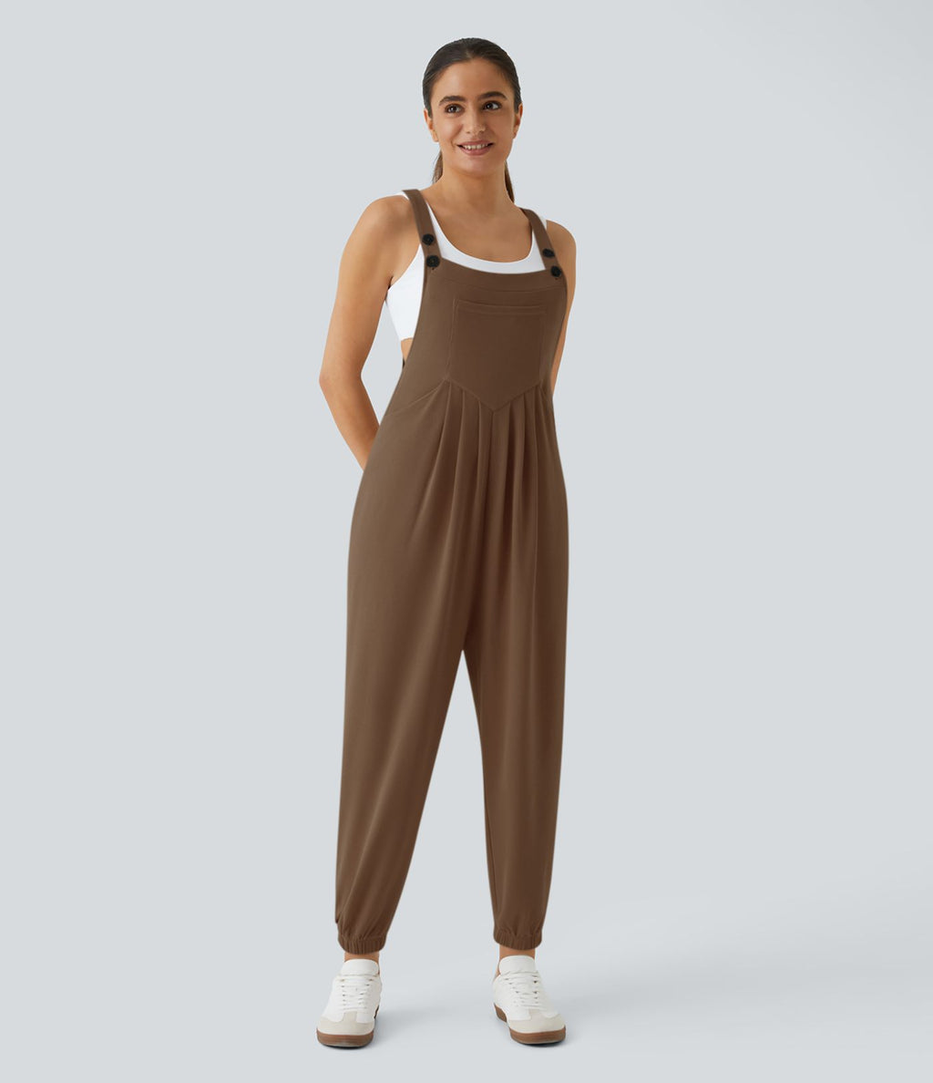 Salopette Casual Bretelles Ajustables Boutonnés Multiples Poches Plis et Tissu Gaufré
