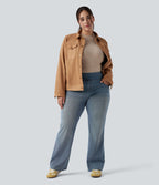 Jean décontracté Halara Flex™ grande taille bootcut taille haute en maille extensible délavée avec multiples poches