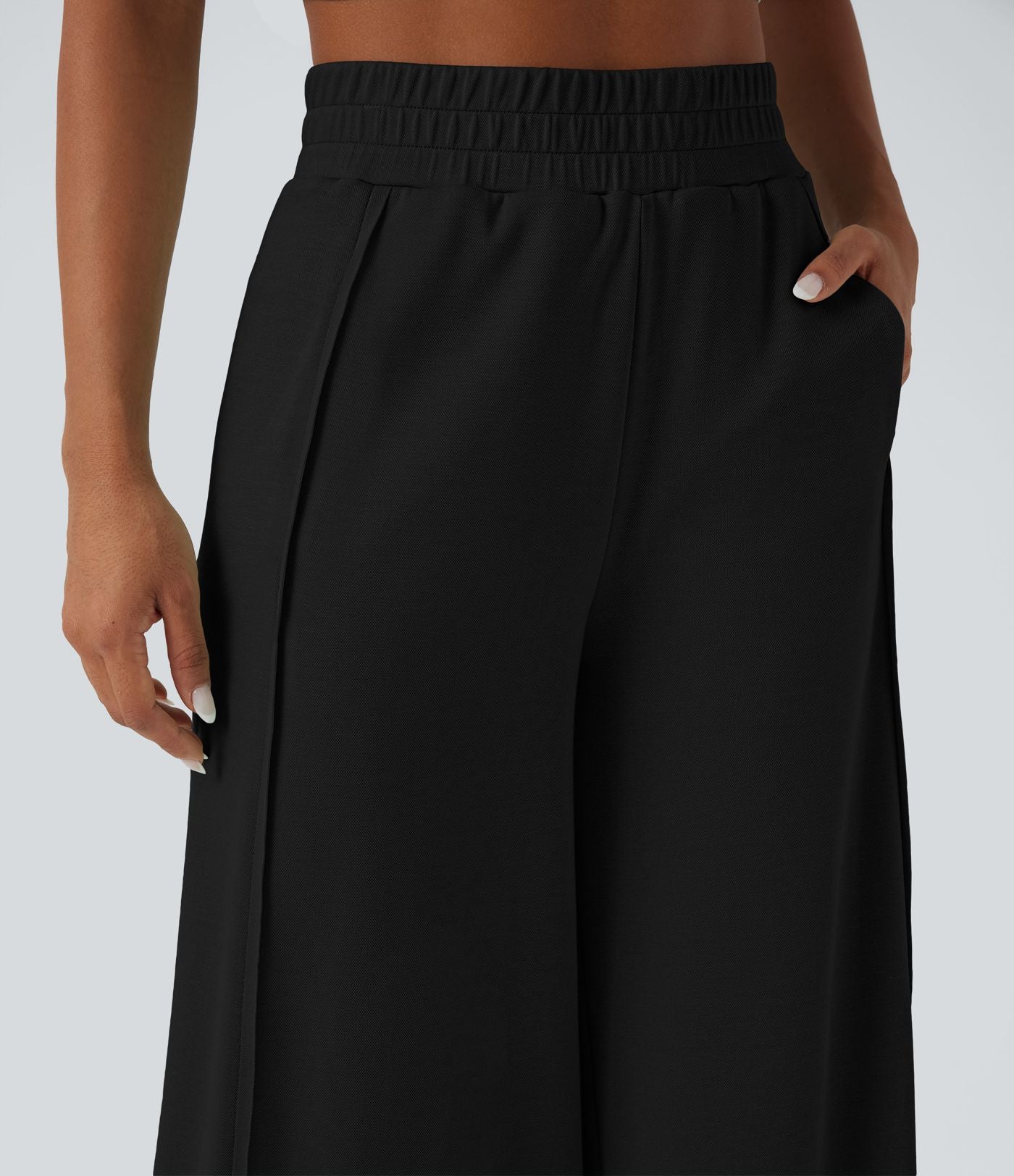 Pantalon décontracté micro gaufré jambe large taille haute avec poches