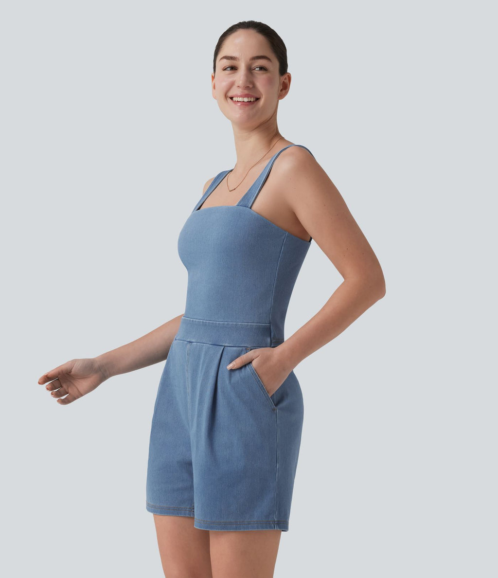 Halara Flex™ Combinaison short casual en denim sans manches à encolure carrée avec poches — Édition Easy Peasy
