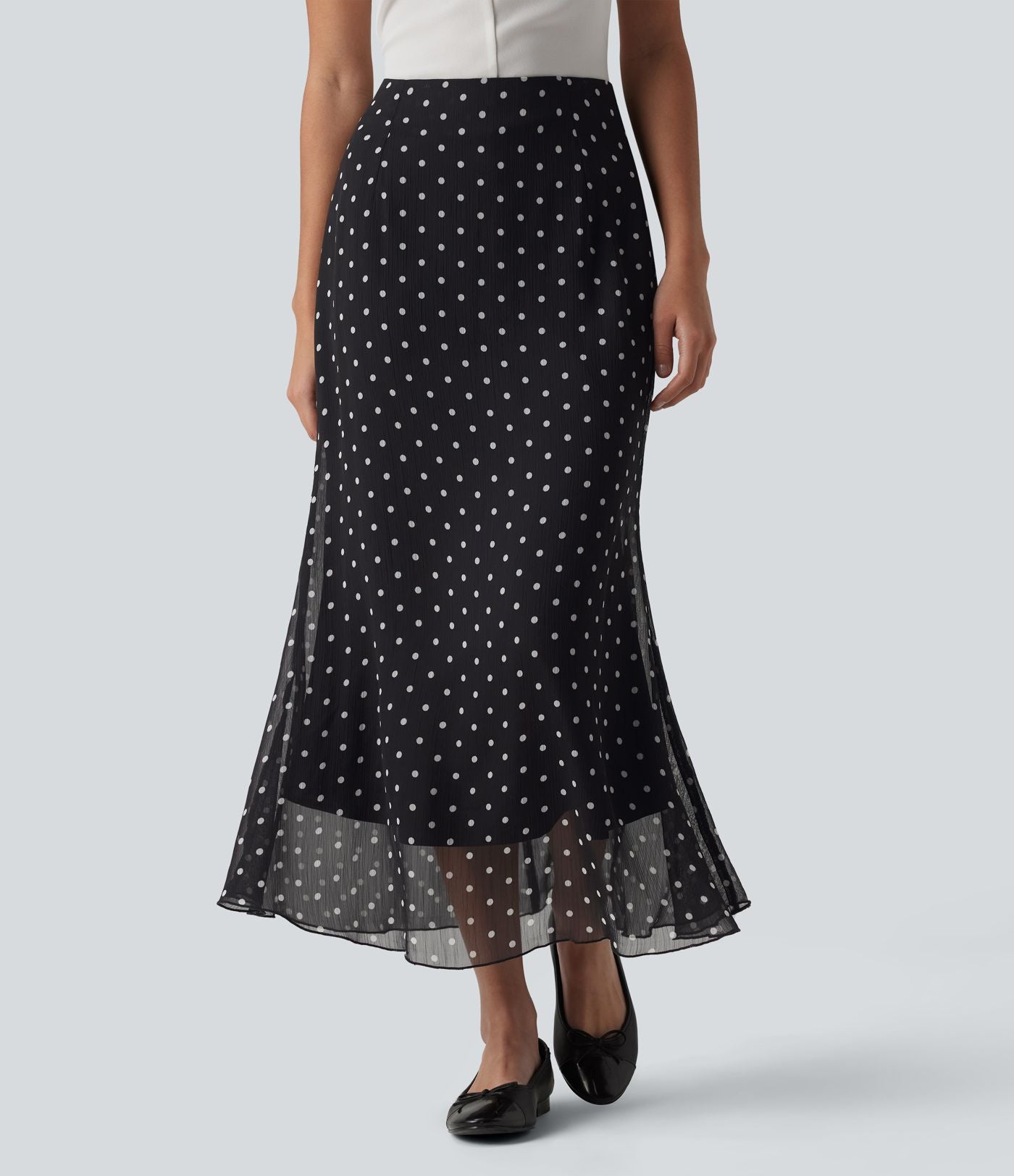 Jupe midi fluide sirène taille haute à pois