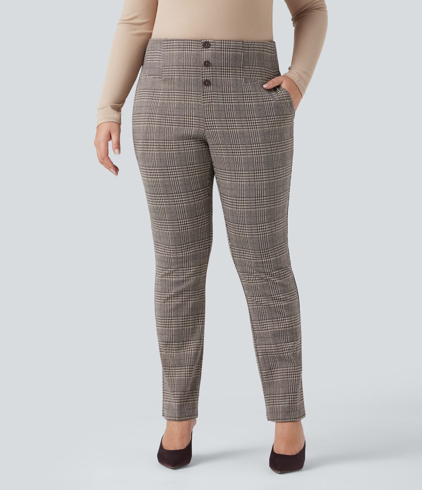 Pantalon tailleur skinny Halara Flex™ grande taille taille haute pied-de-poule à carreaux avec poches