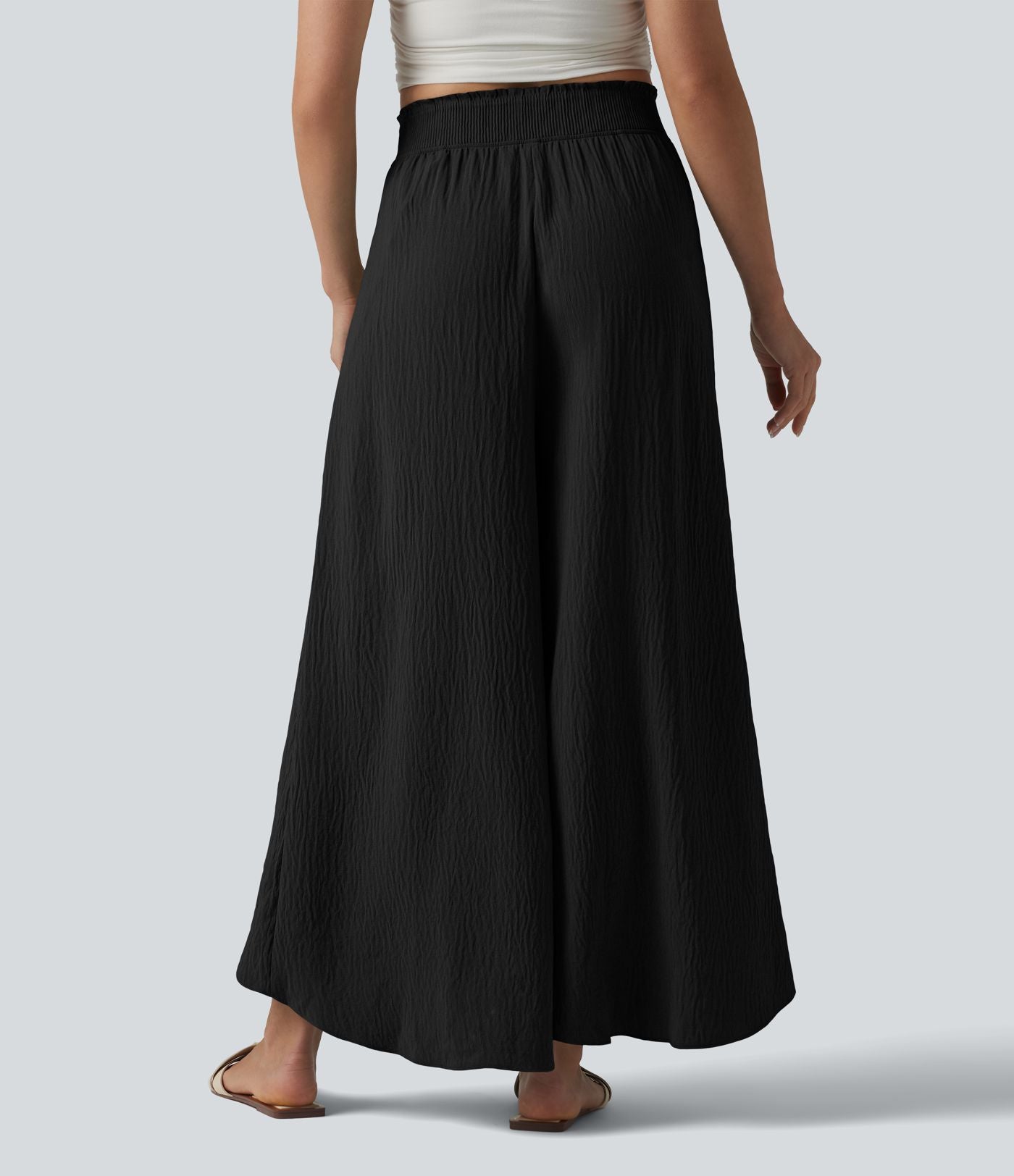 Pantalon large fluide décontracté taille haute aspect lin