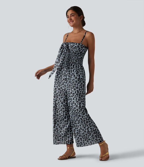 Combinaison baggy casual en mesh léopard avec lien à nouer à l’avant, détails froncés et poches