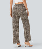 Pantalon décontracté en coton à jambe droite, taille moyenne, imprimé léopard avec poches