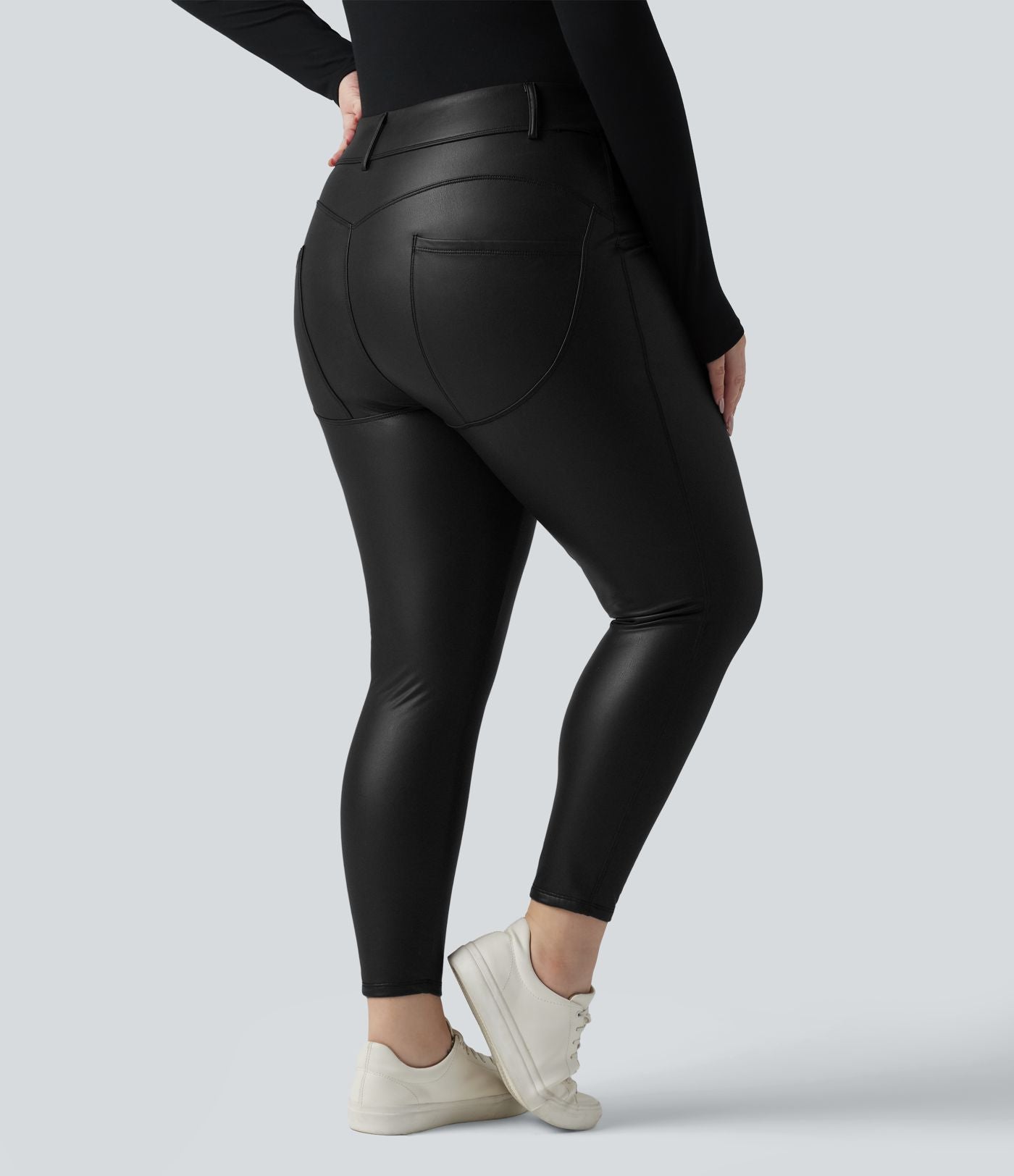 Legging grande taille en simili stretch doublé polaire, taille haute avec poches