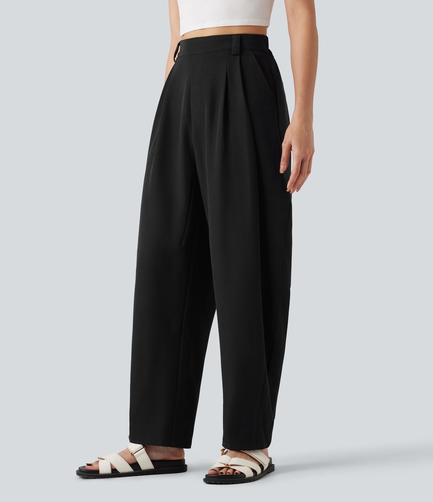 Pantalon tailleur ample, taille haute, coupe ballon, à poches