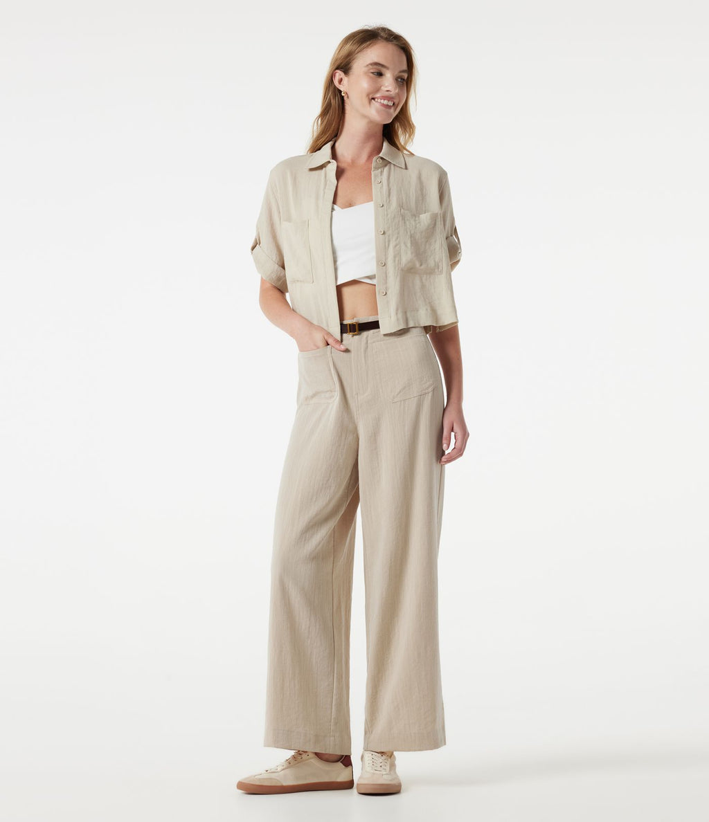 Pantalon large casual taille haute toucher lin avec poches