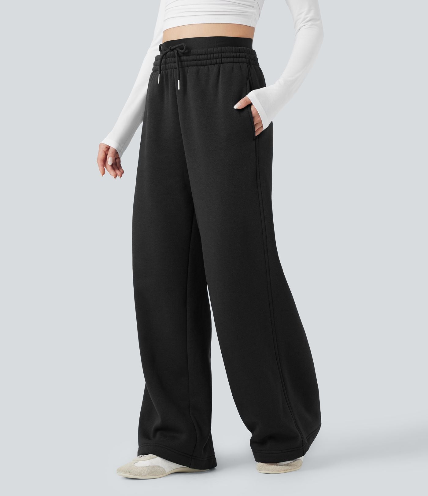 Pantalon jogging en coton molleton large taille haute avec cordon et poches