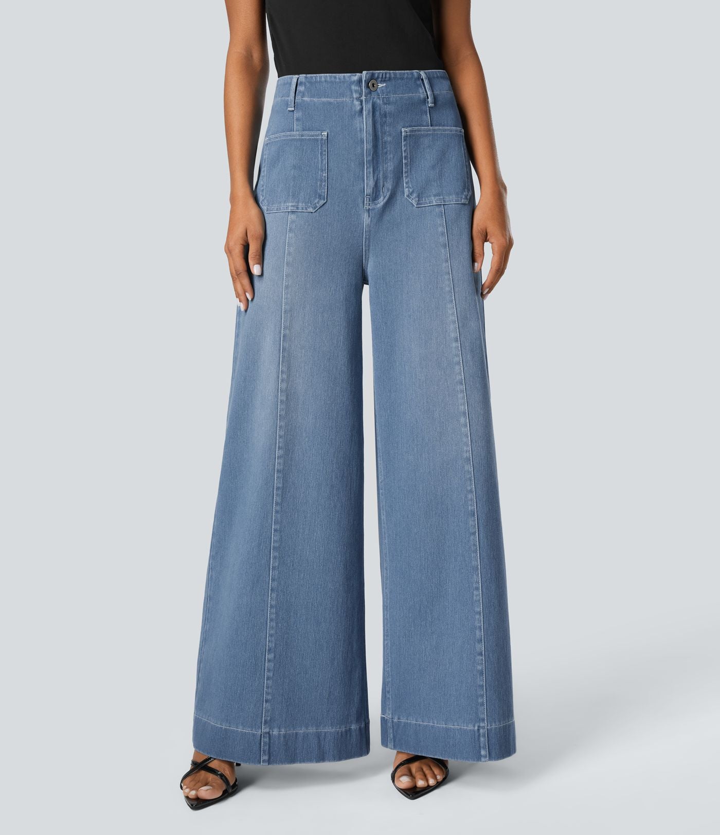 Halara Flex™ Jean large Palazzo et Taille Haute avec Poches Avant en Tricot Extensible Lavé