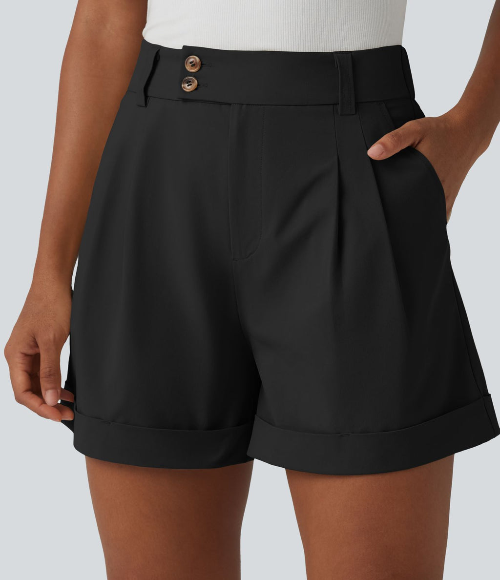 Short tailleur large en popeline stretch plissé taille haute avec ourlet roulotté et poches
