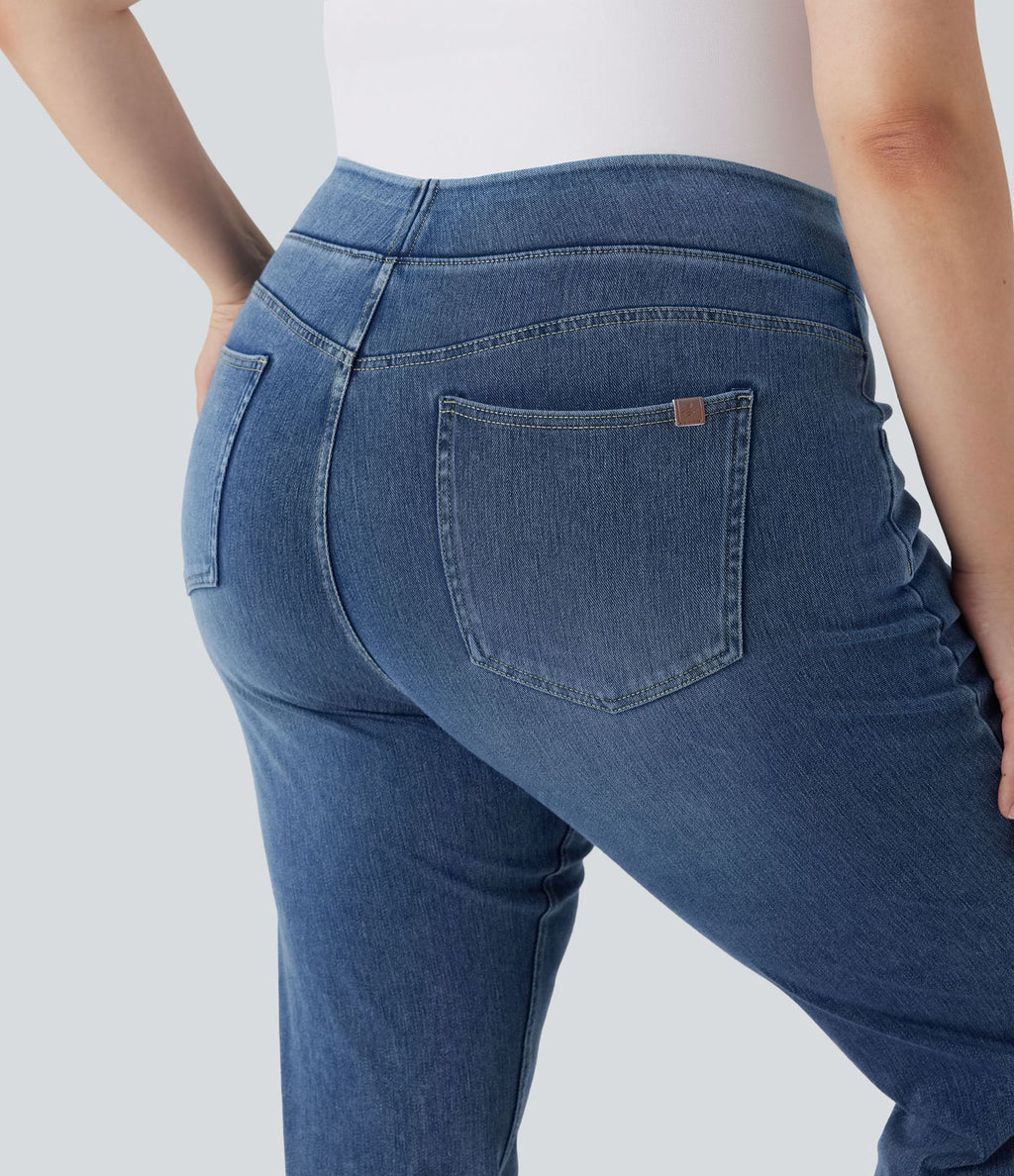 Jean décontracté Halara Flex™ grande taille bootcut taille haute en maille extensible délavée avec multiples poches