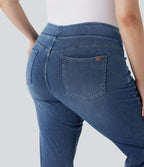 Jean décontracté Halara Flex™ grande taille bootcut taille haute en maille extensible délavée avec multiples poches