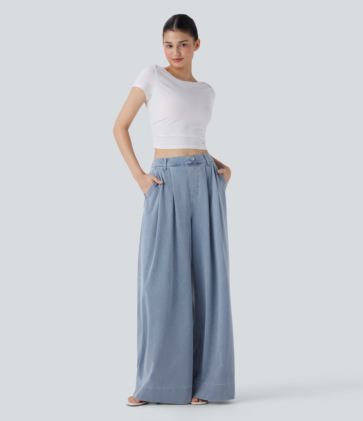Jean palazzo ample et fluide Halara Flex™ Cool Touch en denim extensible tricoté à taille haute, séchage rapide et multiples poches