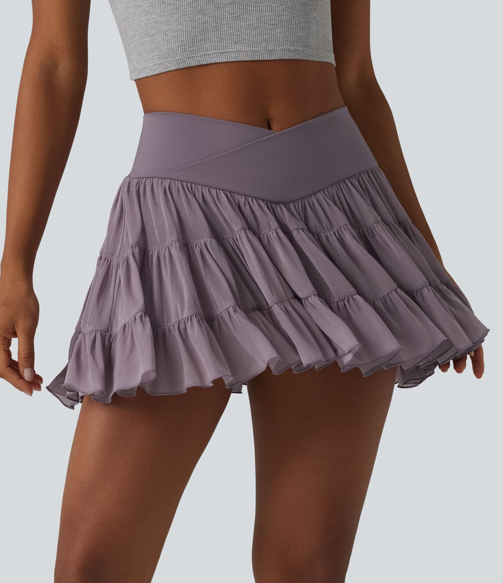Jupe de tennis courte 2 en 1 fluide à taille haute et croisée avec poches - Longueur courte