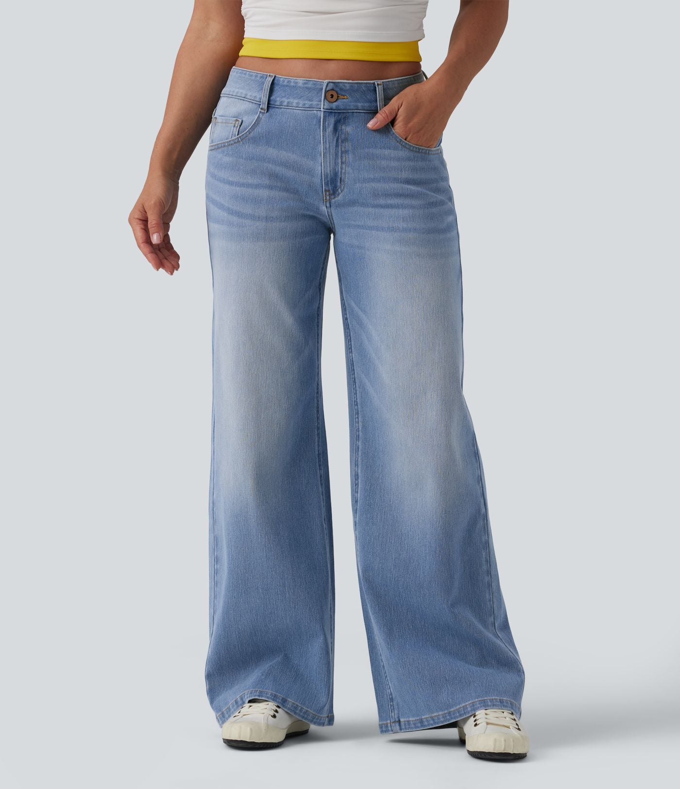 Halara Flex™ Jean Large Casual Taille Basse avec Boutons Zip Multiples Poches Lavés Élastiques et Tricotés
