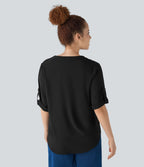 Chemise Travail à Col en V Boutonnée Manches Trois Quarts et Ourlet Courbé