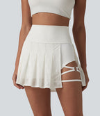 Jupe mini de danse 2-en-1 taille haute plissée dentelle contrastée ourlet asymétrique avec poches