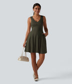 Robe débardeur mini casual évasée col V en maille côtelée avec poches