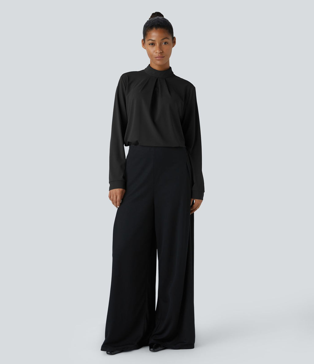 Blouse de travail à col montant, plis, boutons au dos et manches longues
