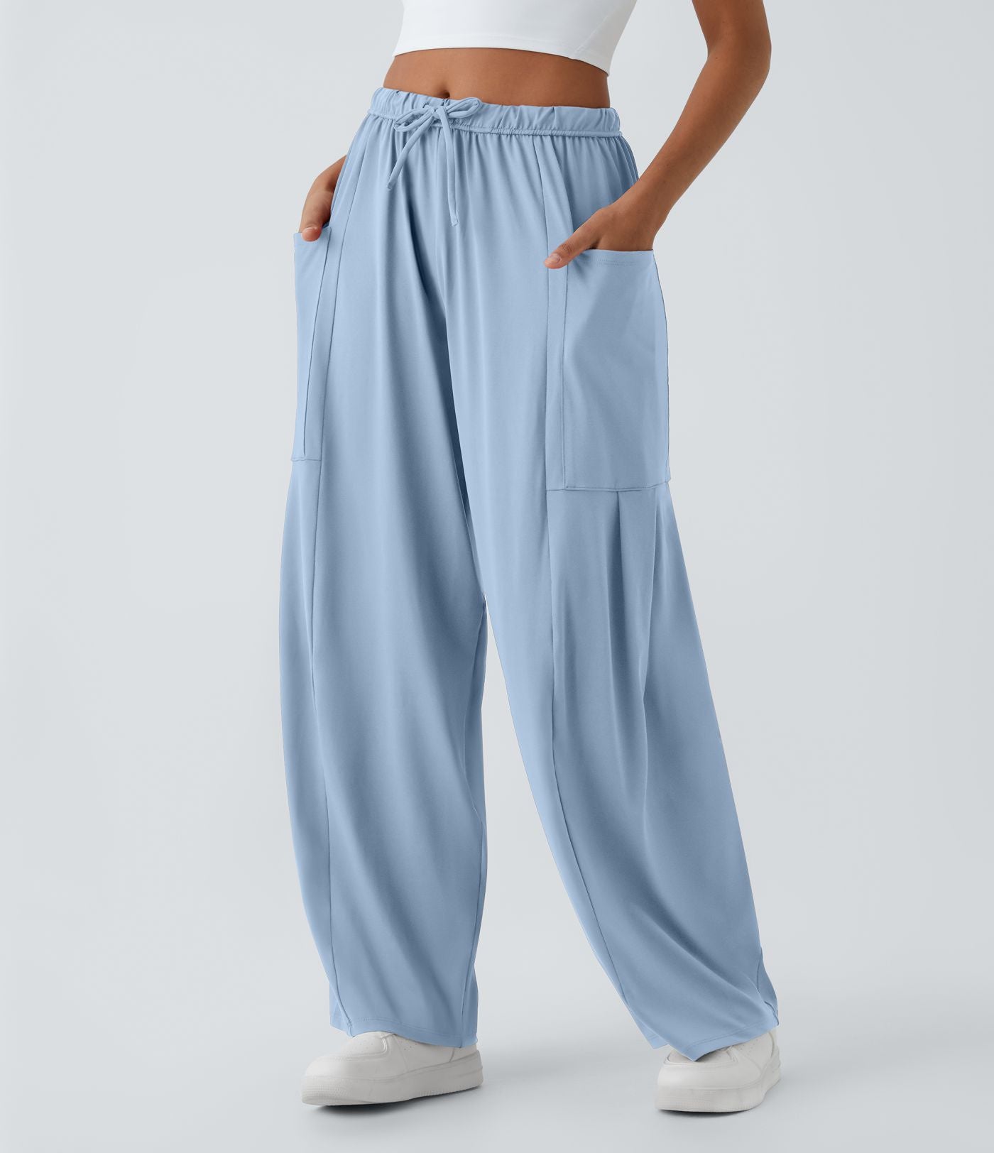 Pantalon Large Fluide Taille Mi-Haute Taille Élastique Cordon Poches Latérales Ourlet Flottant