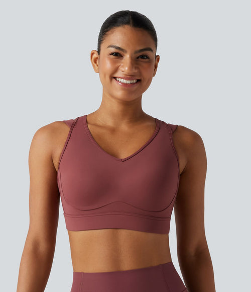 Brassière de sport de running maintien fort col V dos nu avec boucle ajustable et coussinets non amovibles