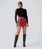 Jupe courte moulante 2-en-1 SoCinched gainante taille haute similicuir polaire froncée ourlet arrondi