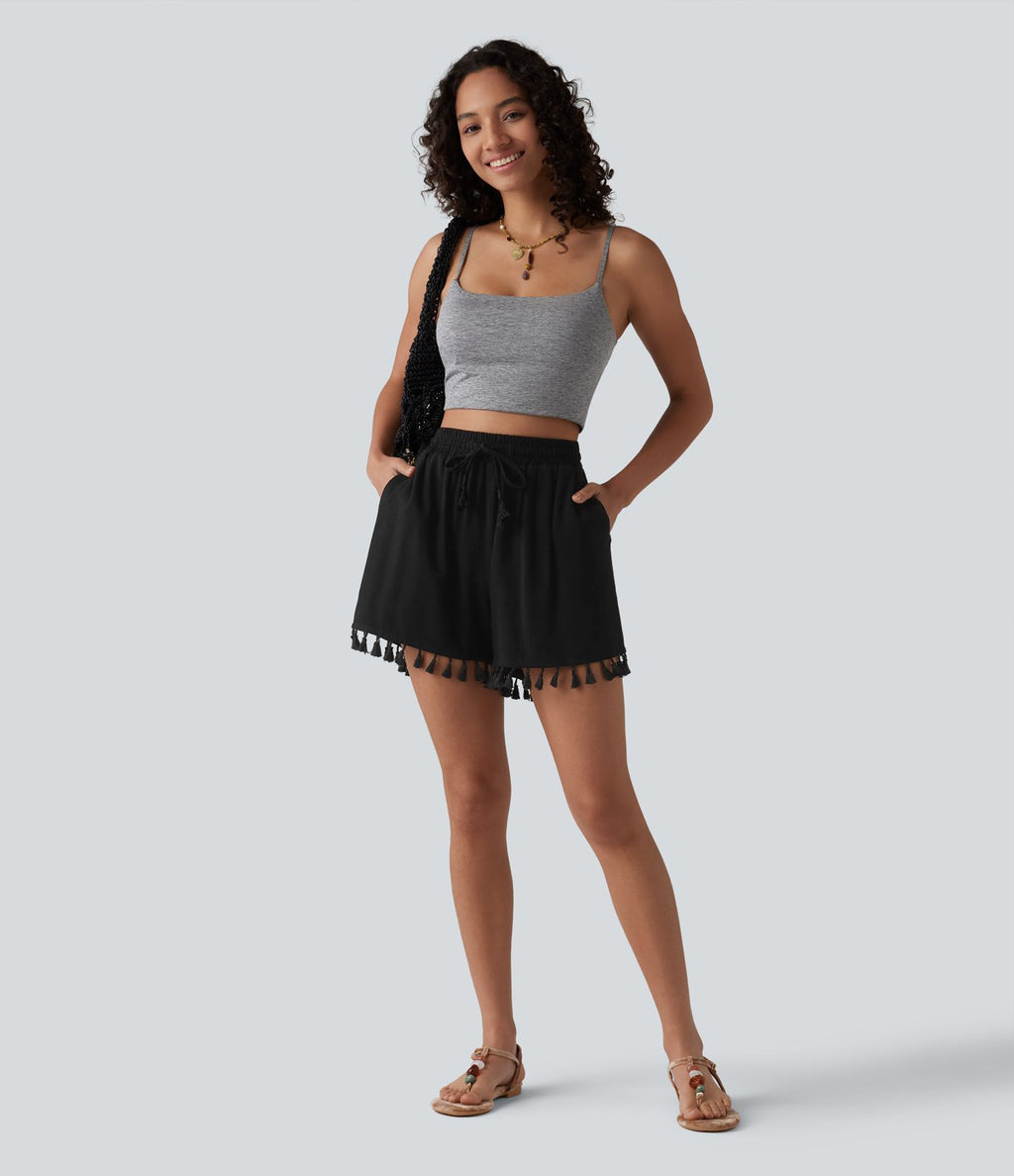 Short ample de vacances en mélange de lin taille haute avec cordon de serrage et ourlet à franges à poches