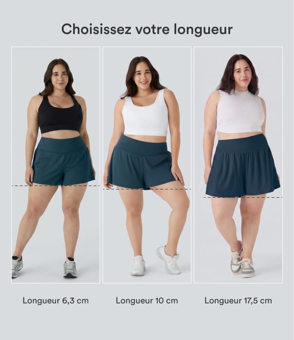 Short Yoga 10cm Plus Longue Taille Ultra Haute 2 en 1 Poche Arrière Poche Cachée Latérale Grande Taille