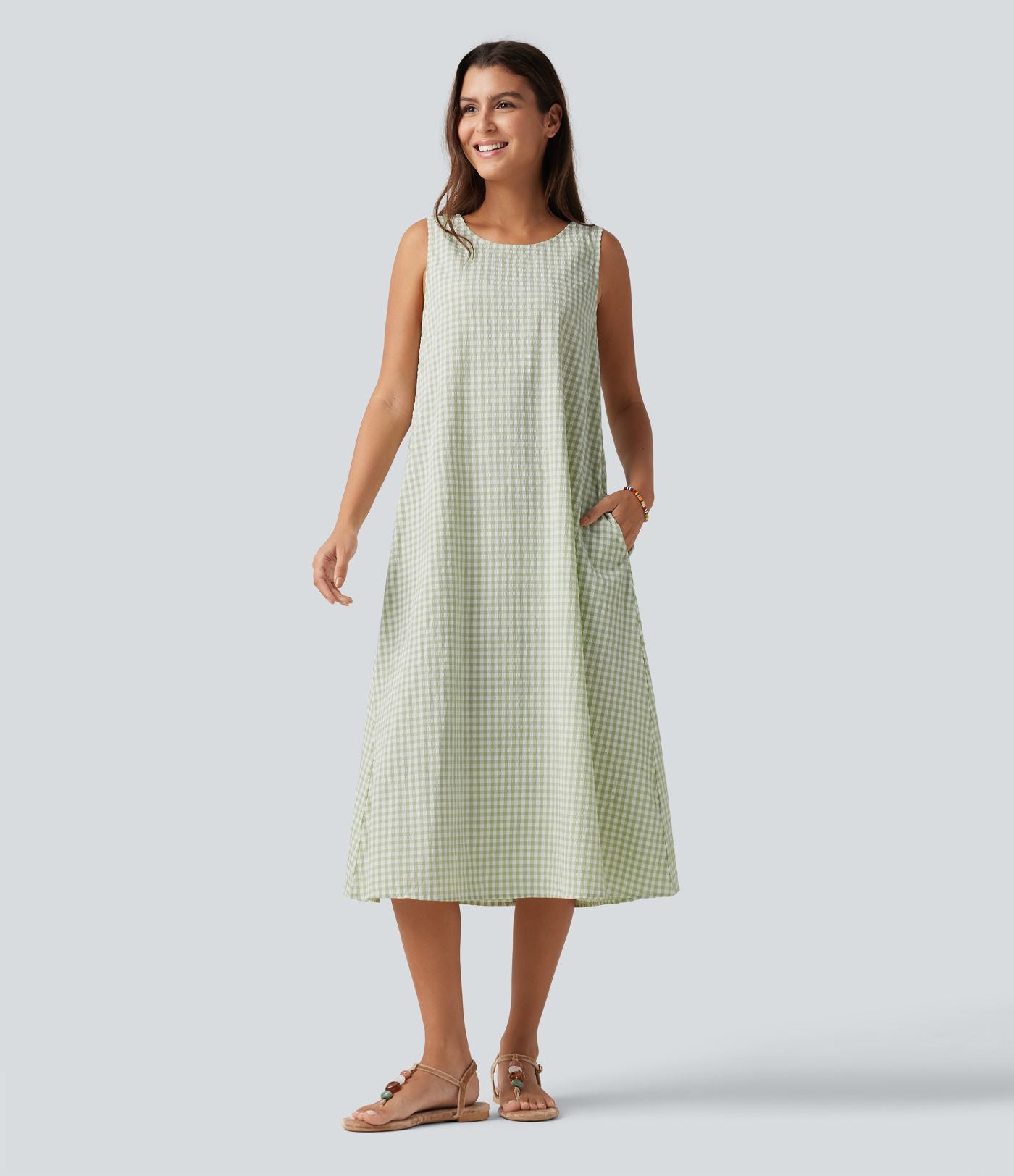 Robe débardeur midi décontractée en vichy froissé, col rond, sans manches, à poches