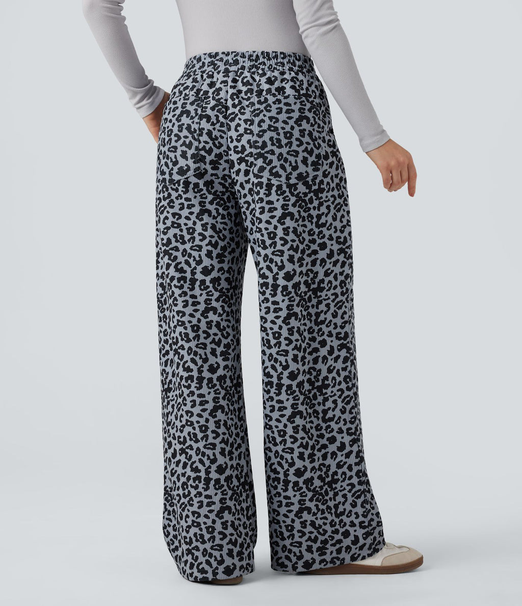Pantalon léopard ample décontracté velours côtelé imprimé taille haute avec poches