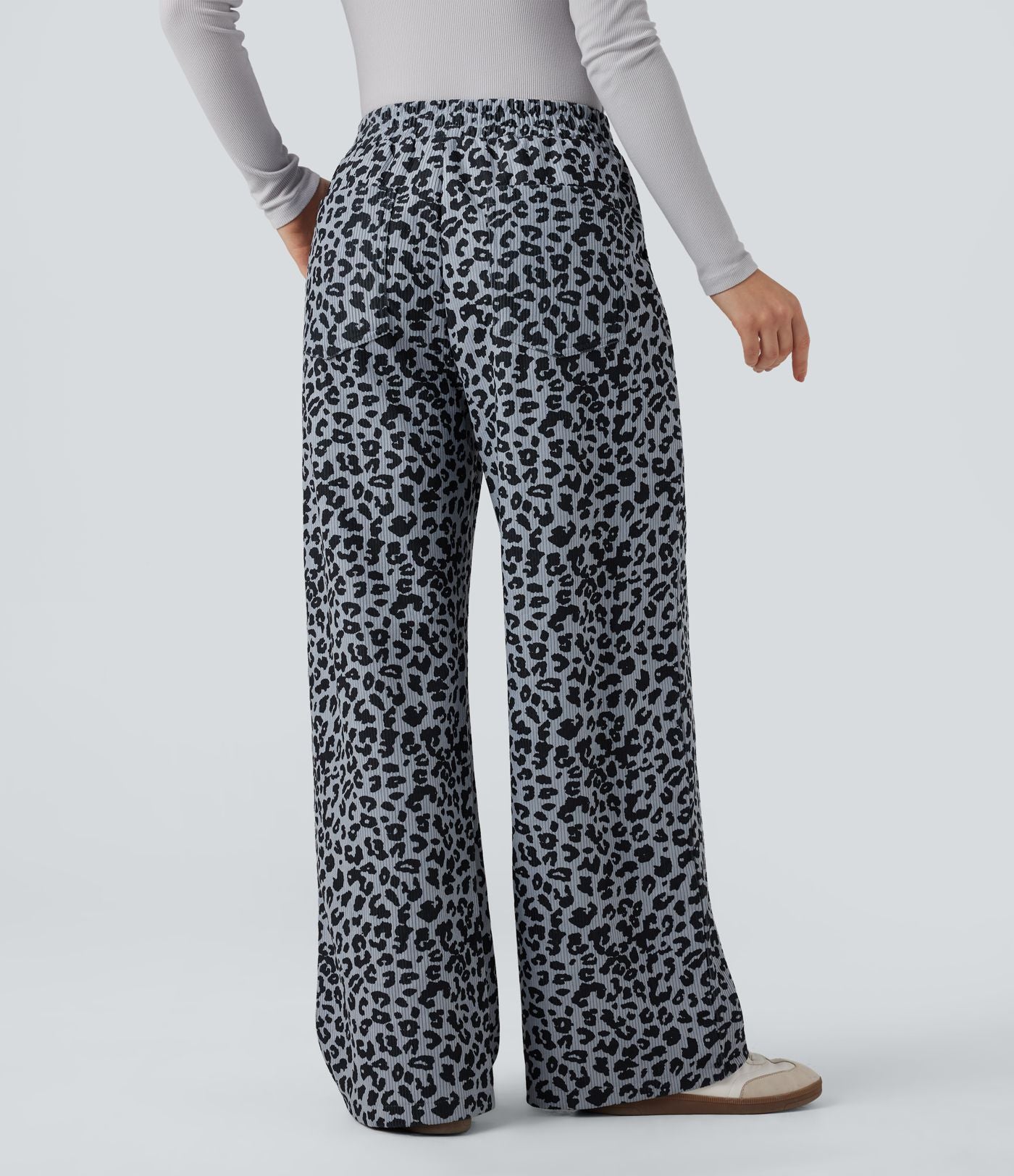 Pantalon léopard ample décontracté velours côtelé imprimé taille haute avec poches
