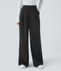 Pantalon Tailleur Large Fluide à Rayures, Taille Haute, Bouton et Fermeture Éclair, Poches Latérales