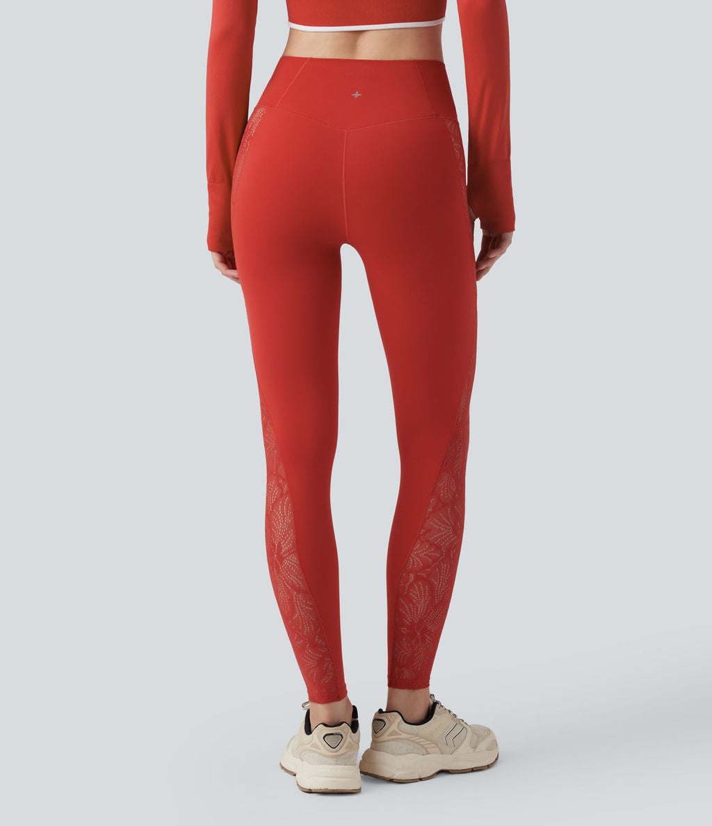 Softlyzero™ Legging Yoga 7/8 Taille Haute avec Poche au Dos Découpe Croisée et Dentelle Contrastante