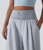Pantalon large taille haute en tissu froissé froncé séchage rapide avec poches