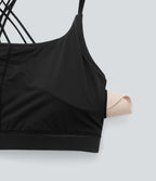 Brassière de sport en similicuir à faible maintien, dos nu, bretelles croisées ajustables et séchage rapide pour yoga